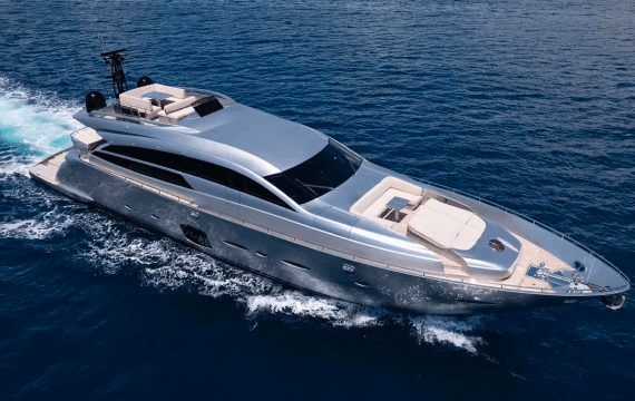Performance yacht moving quickly across blue water